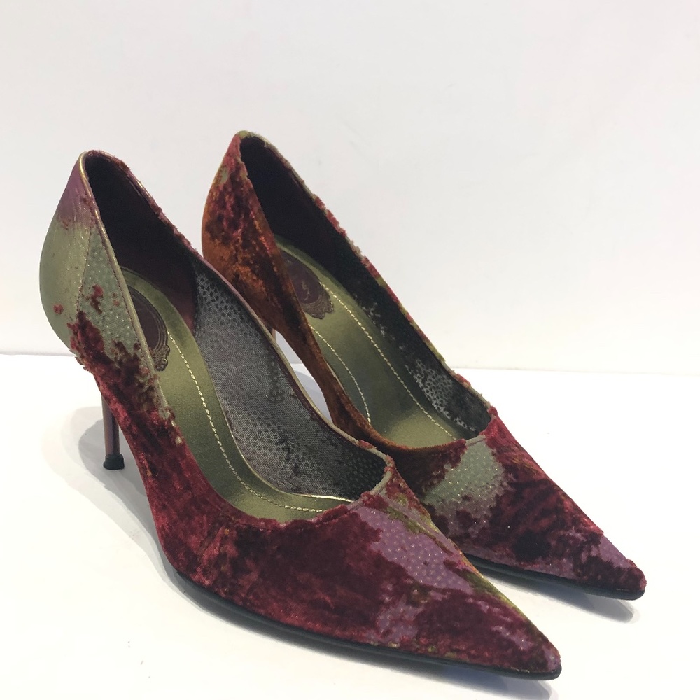Rene Caovilla Burgundy & Green Silk Velvet Pumps